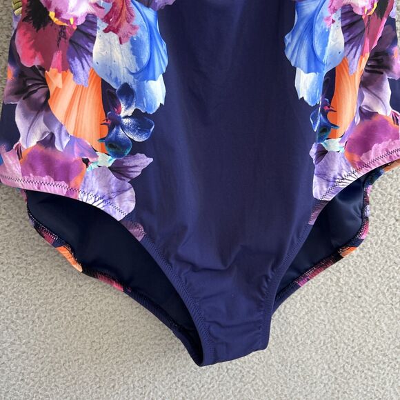 Lands End Swimsuit 12 Large One Piece Floral Built In Bra Lined Navy Blue Purple - Picture 3 of 15